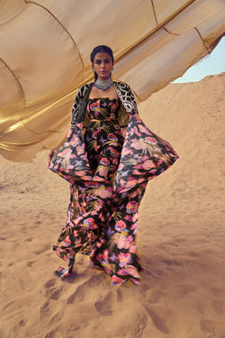 Wild Field Printed Long Embroidered Cape With Printed Corset & Pants