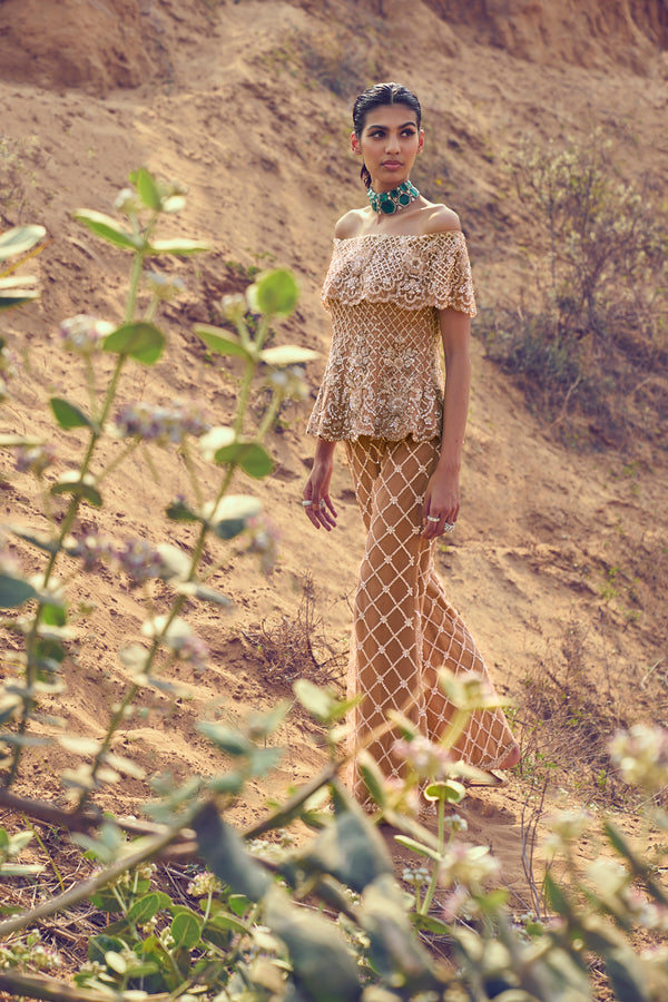 Off Shoulder Heavy Embellished Peplum With Pants