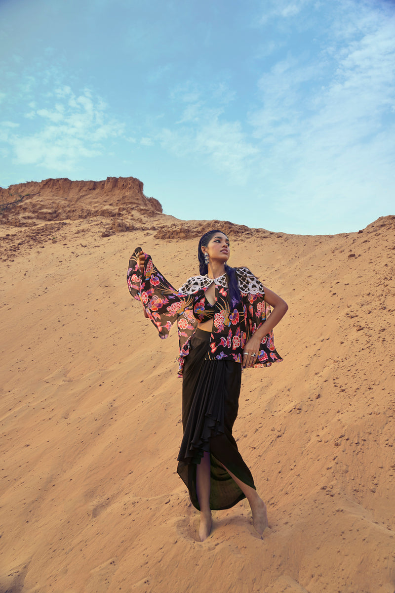Wildfields Print Assymetrical Embroidered Cape With Printed Bustier & Skirt