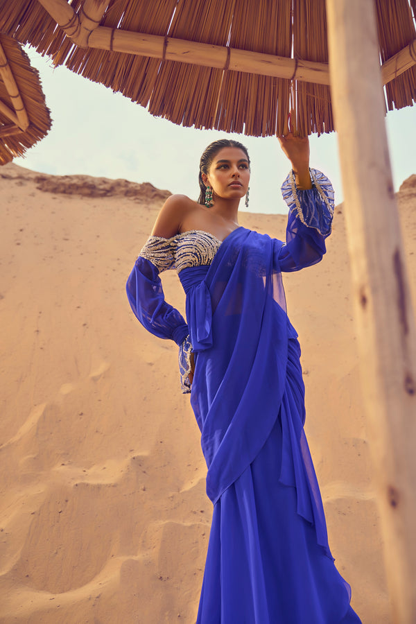 Peplum Blouse With Bishop Sleeves And Draped Saree