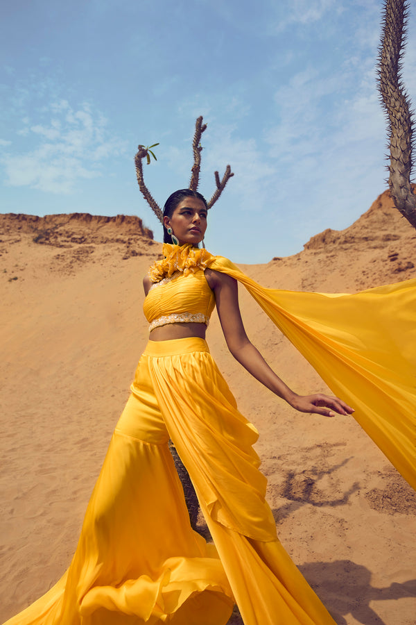 Draped Saree With Cones On Palla And One Shoulder Blouse