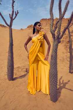 Draped Saree With Cones On Palla And One Shoulder Blouse