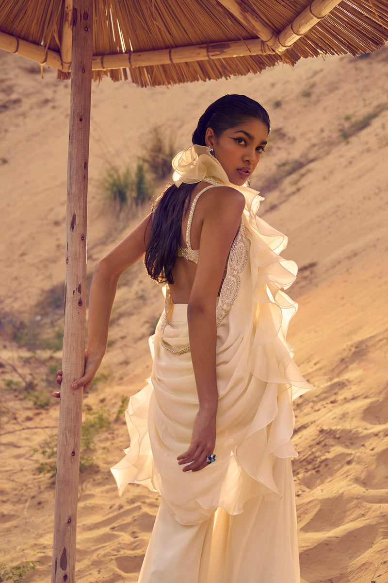 Embroidered Ruffled Sash With Corset And Pants