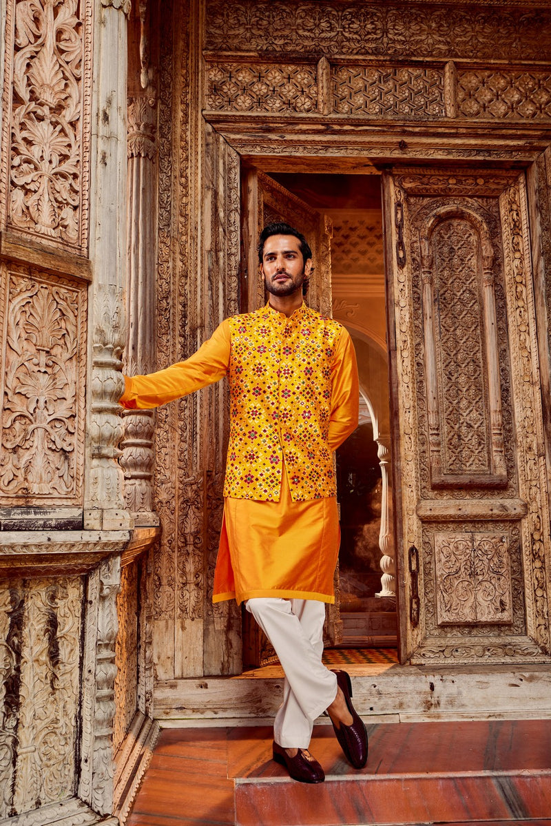 Haldi Raw Silk Mirror Embellished Bundi Set