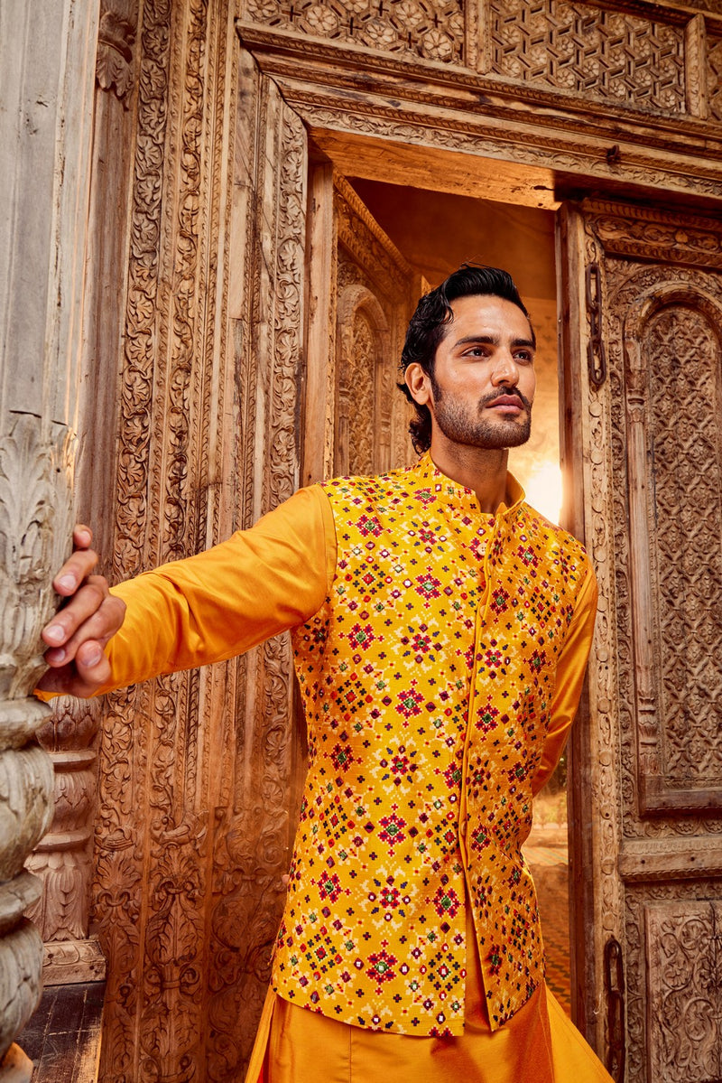 Haldi Raw Silk Mirror Embellished Bundi Set