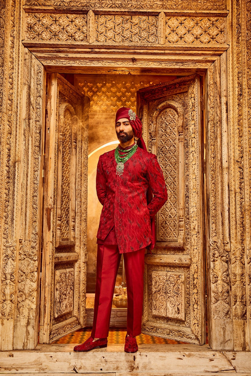 Deep Red Chanderi Silk Asymmetrical Sherwani