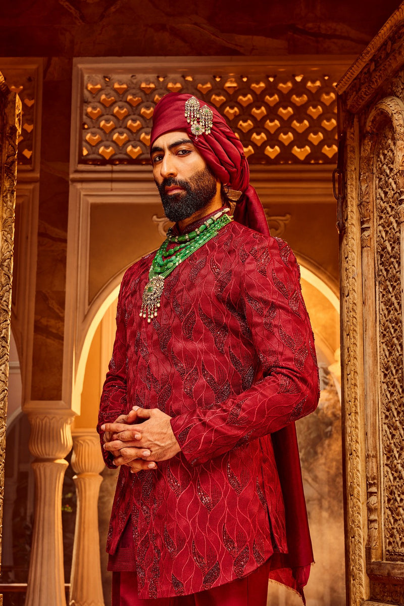 Deep Red Chanderi Silk Asymmetrical Sherwani