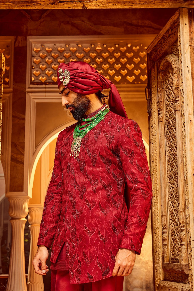 Deep Red Chanderi Silk Asymmetrical Sherwani