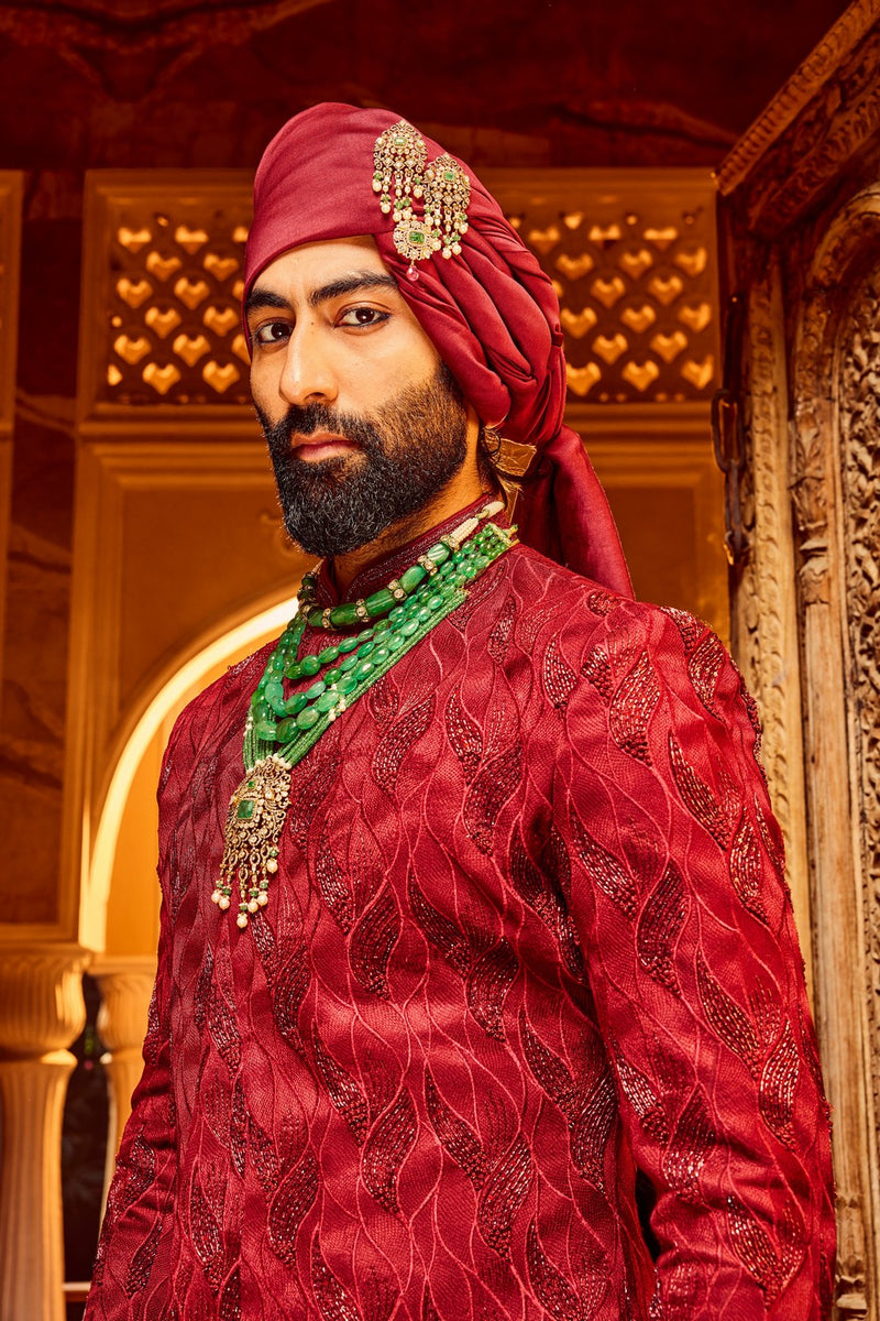 Deep Red Chanderi Silk Asymmetrical Sherwani
