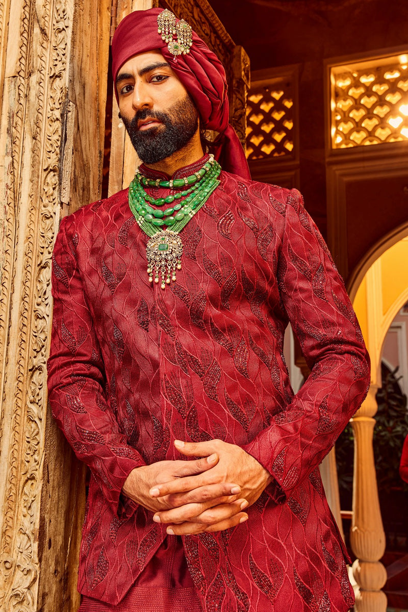 Deep Red Chanderi Silk Asymmetrical Sherwani