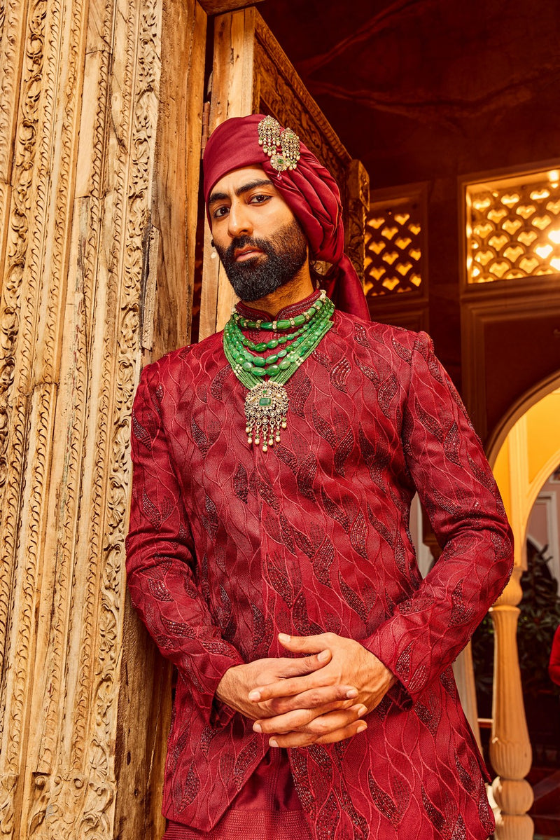 Deep Red Chanderi Silk Asymmetrical Sherwani