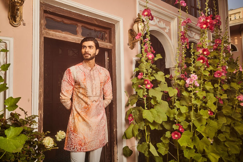 Peach Printed Dori and Mirror Embroidered Kurta Set