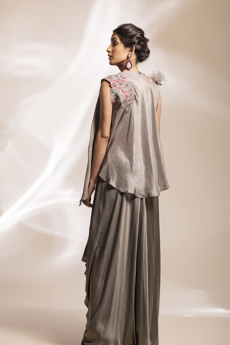 Grey Satin Assymetrical Dress With Fuchsia Belt + Feathered Satin Jacket