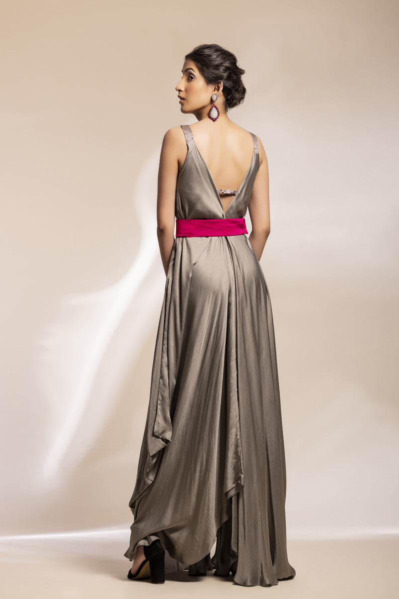 Grey Satin Assymetrical Dress With Fuchsia Belt + Feathered Satin Jacket