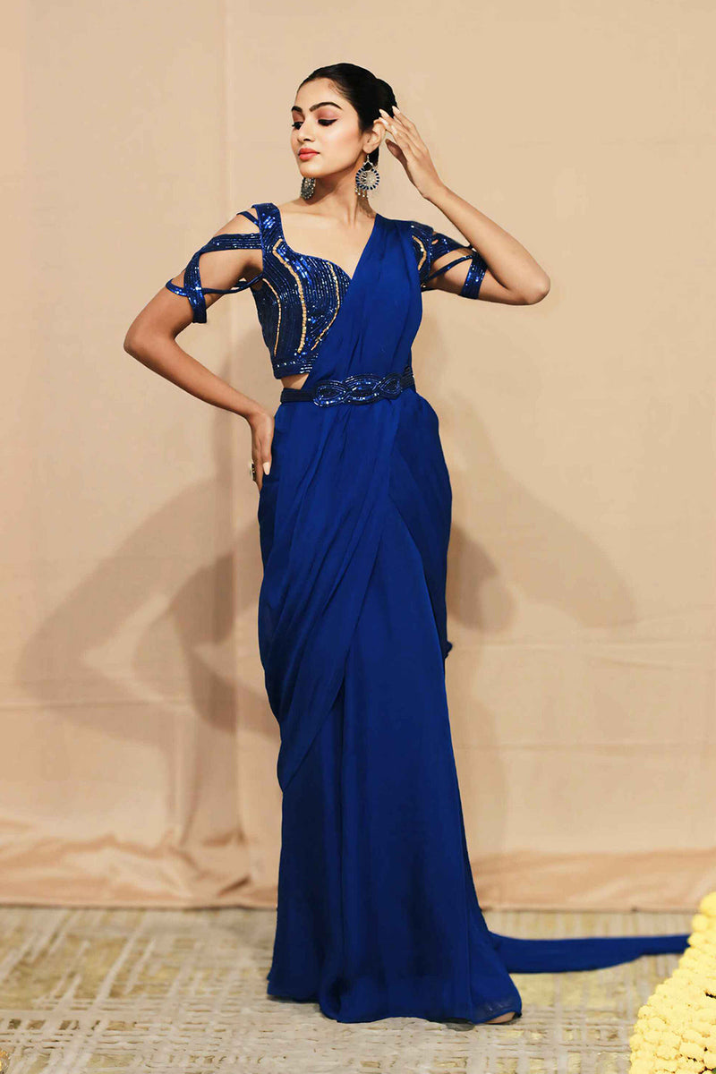 Indus blue drape saree