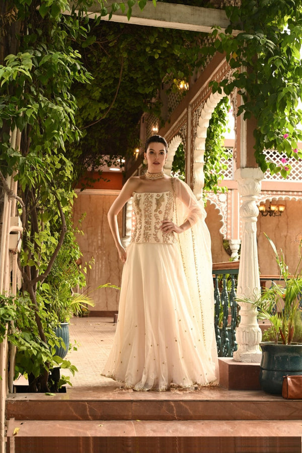 Ivory Lehenga Set With Hand Embroidered