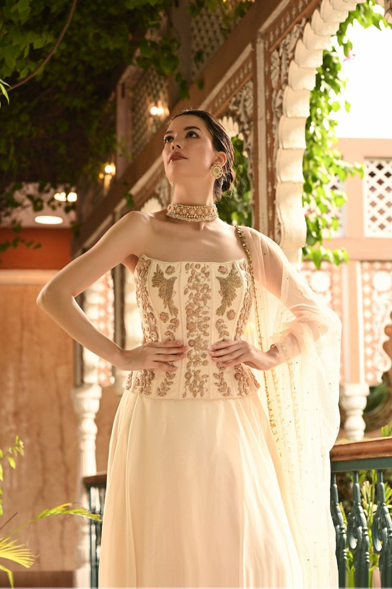 Ivory Lehenga Set With Hand Embroidered