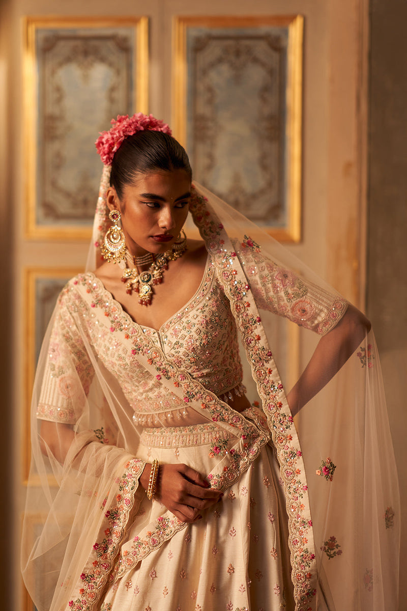 Ivory Raw Silk Double Dupatta Lehenga Set