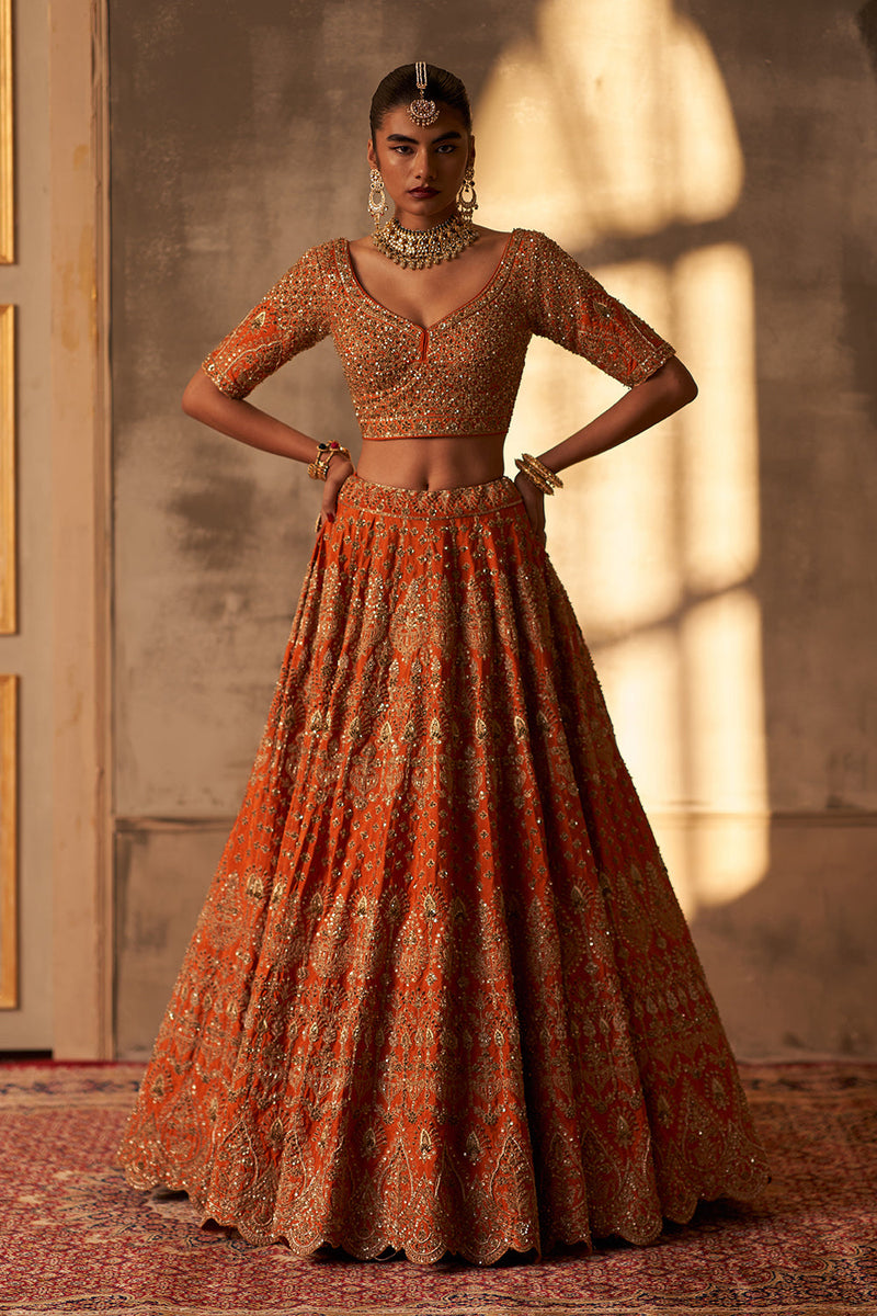 Rust Raw Silk Double Dupatta Lehenga Set