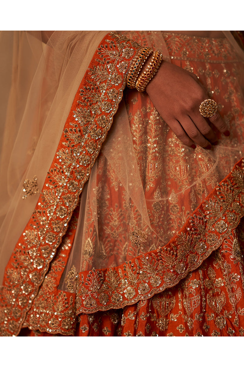 Rust Raw Silk Double Dupatta Lehenga Set