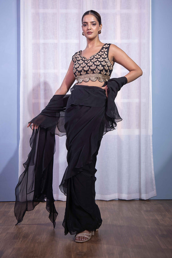Black ruffle saree dabka