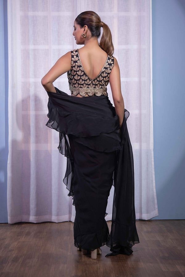 Black ruffle saree dabka