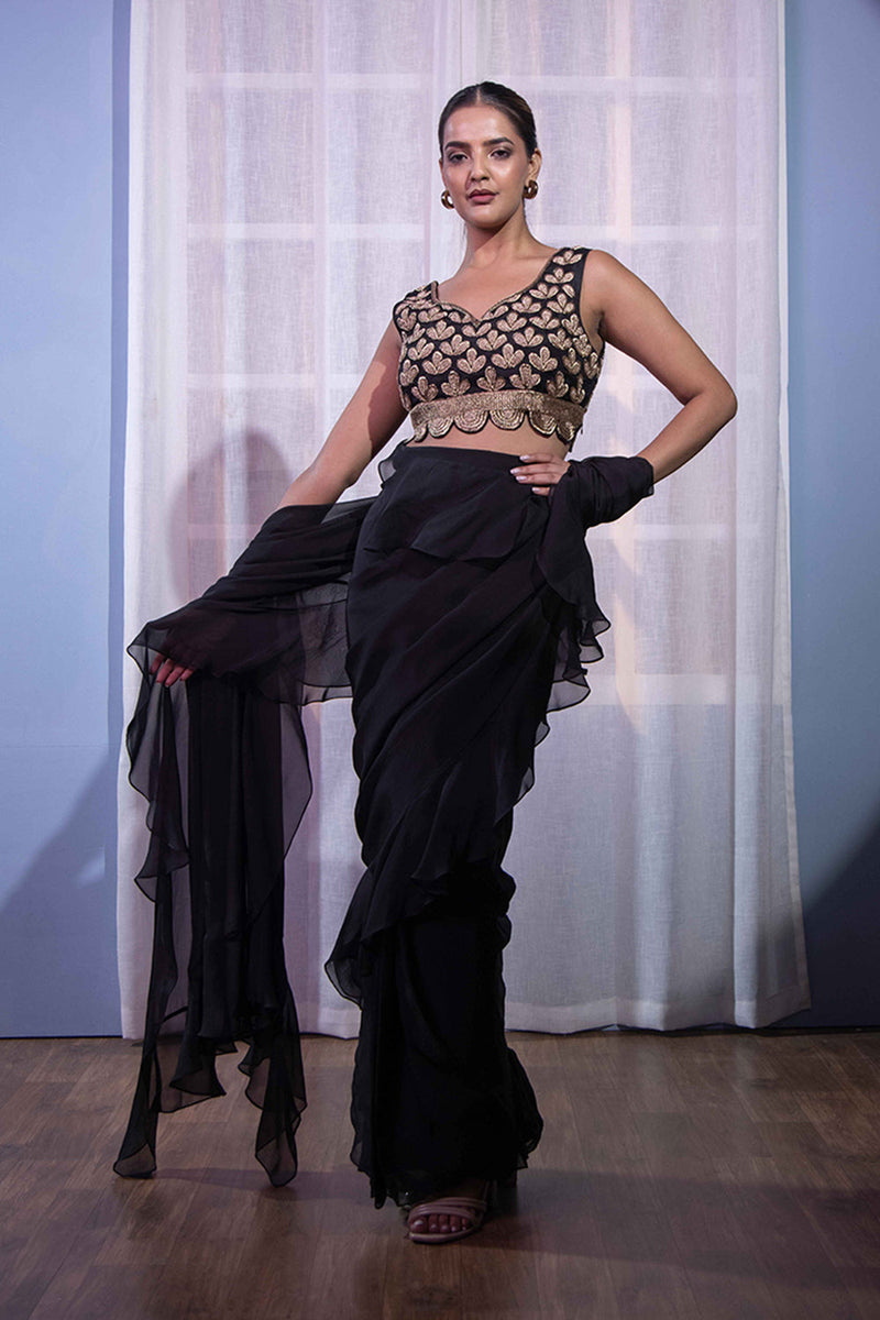 Black ruffle saree dabka