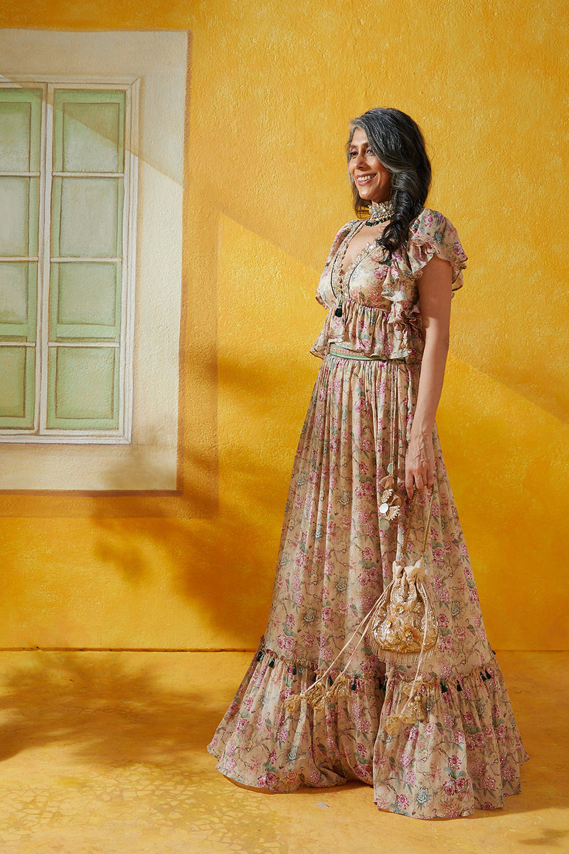 Chiffon Printed Lehenga Set With Ruffled Sleeves And Hand Embroidery Neckline