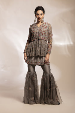 Antique Grey Tulle Peplum Jacket With Embroidered Gharara Ensemble.