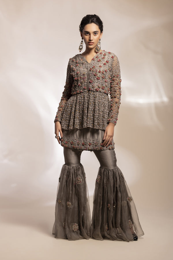 Antique Grey Tulle Peplum Jacket With Embroidered Gharara Ensemble.