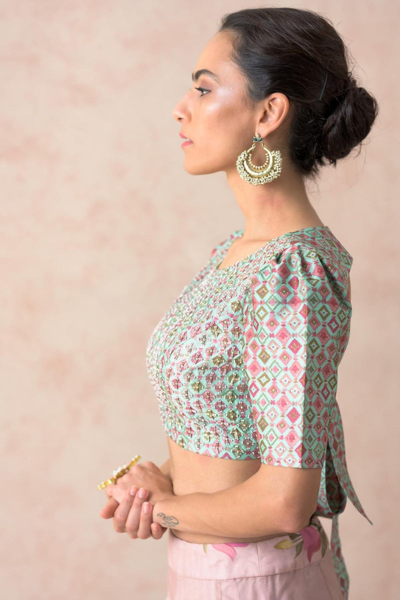 Embroidered Blouse With Organza Lehenga, Dupatta