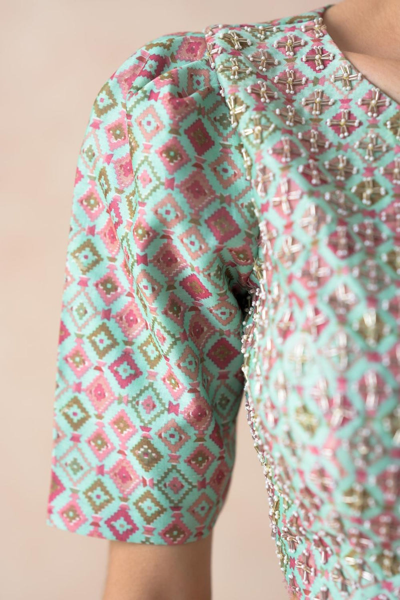 Embroidered Blouse With Organza Lehenga, Dupatta