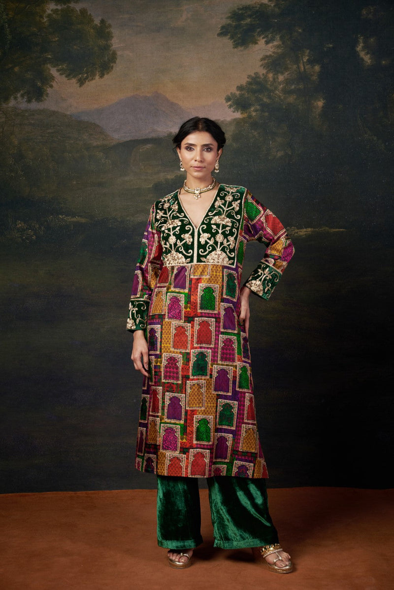 Hand-Embroidered Jharoka Print Green  Kurta Set