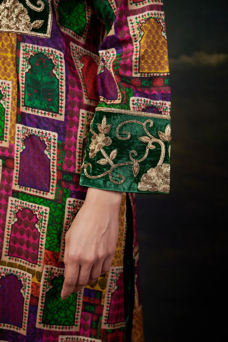 Hand-Embroidered Jharoka Print Green  Kurta Set