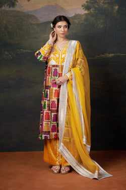 Hand-Embroidered Jharoka Print Yellow Kurta Set