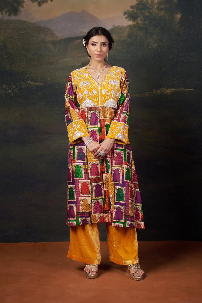 Hand-Embroidered Jharoka Print Yellow Kurta Set
