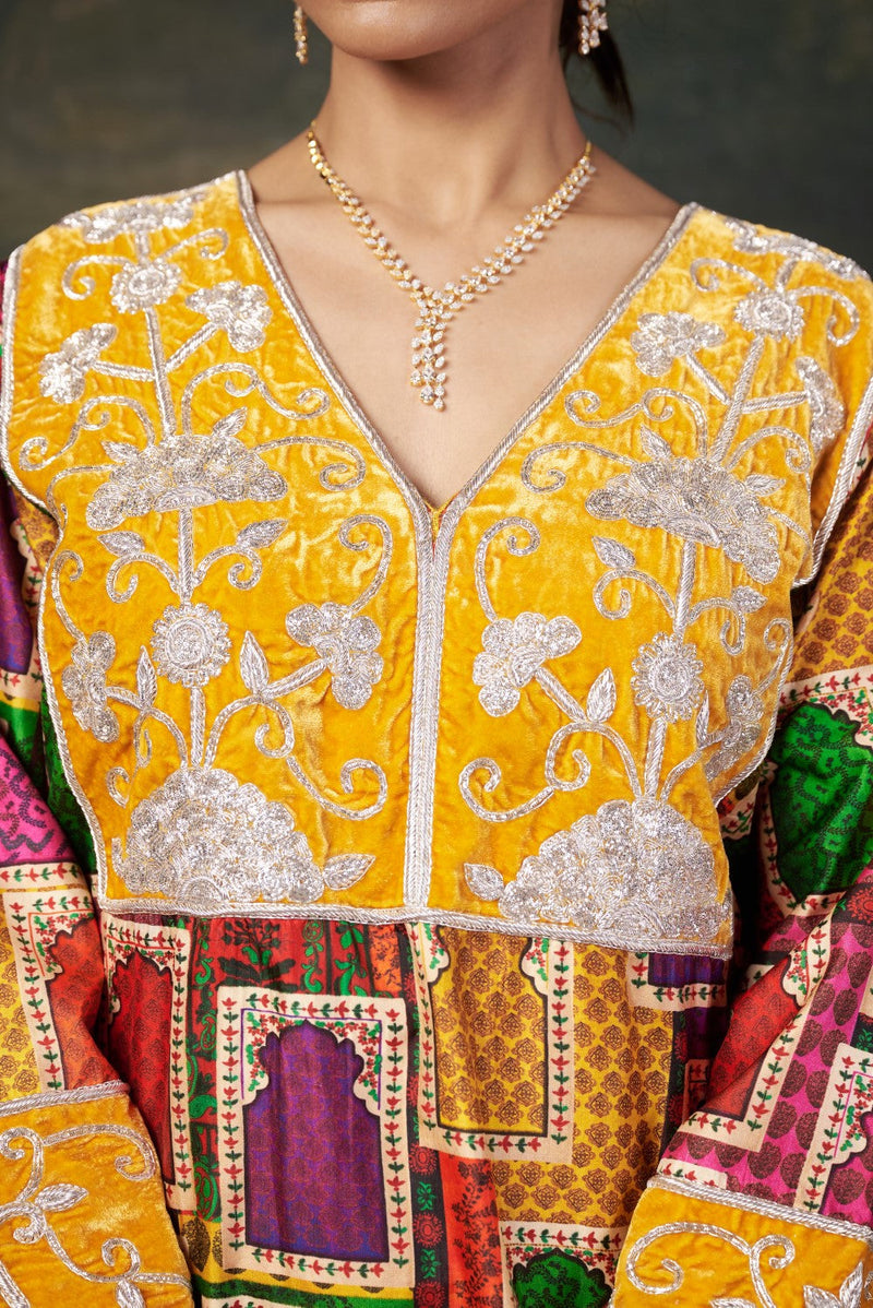 Hand-Embroidered Jharoka Print Yellow Kurta Set