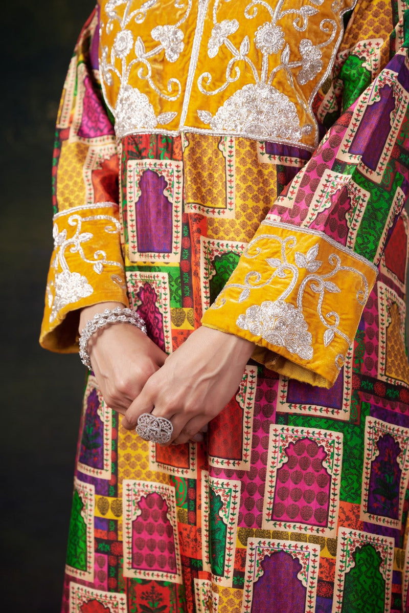 Hand-Embroidered Jharoka Print Yellow Kurta Set