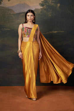 Hand-Embroidered Pre-Draped liquid gold Saree