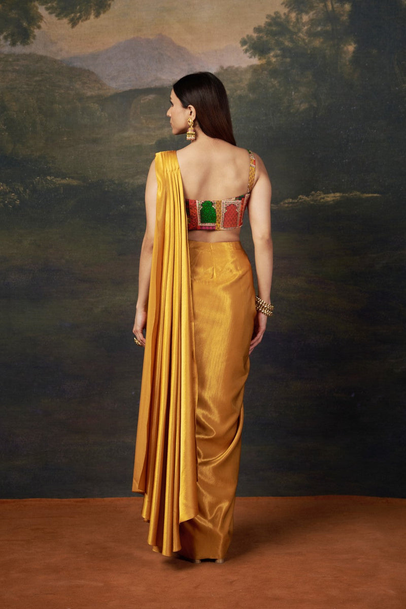 Hand-Embroidered Pre-Draped liquid gold Saree