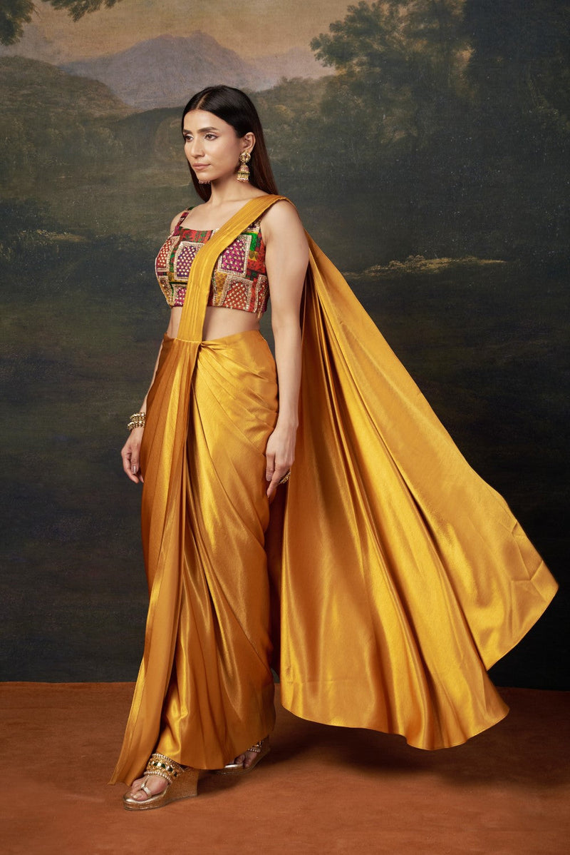 Hand-Embroidered Pre-Draped liquid gold Saree