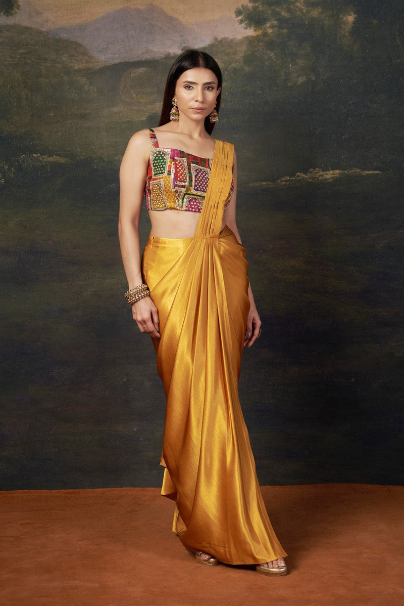 Hand-Embroidered Pre-Draped liquid gold Saree