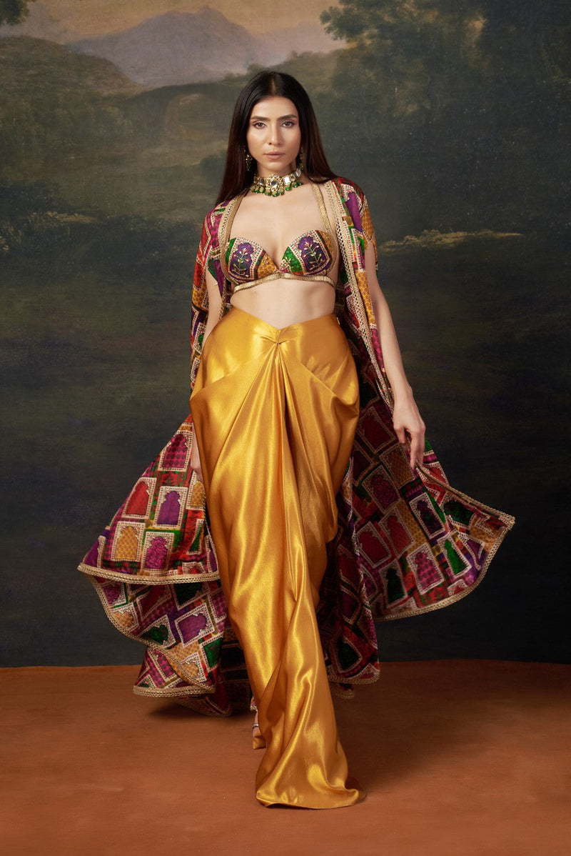 Bold Bralette Blouse with Embellished Handwork, Cape & Dhoti