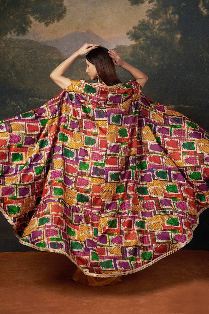 Bold Bralette Blouse with Embellished Handwork, Cape & Dhoti