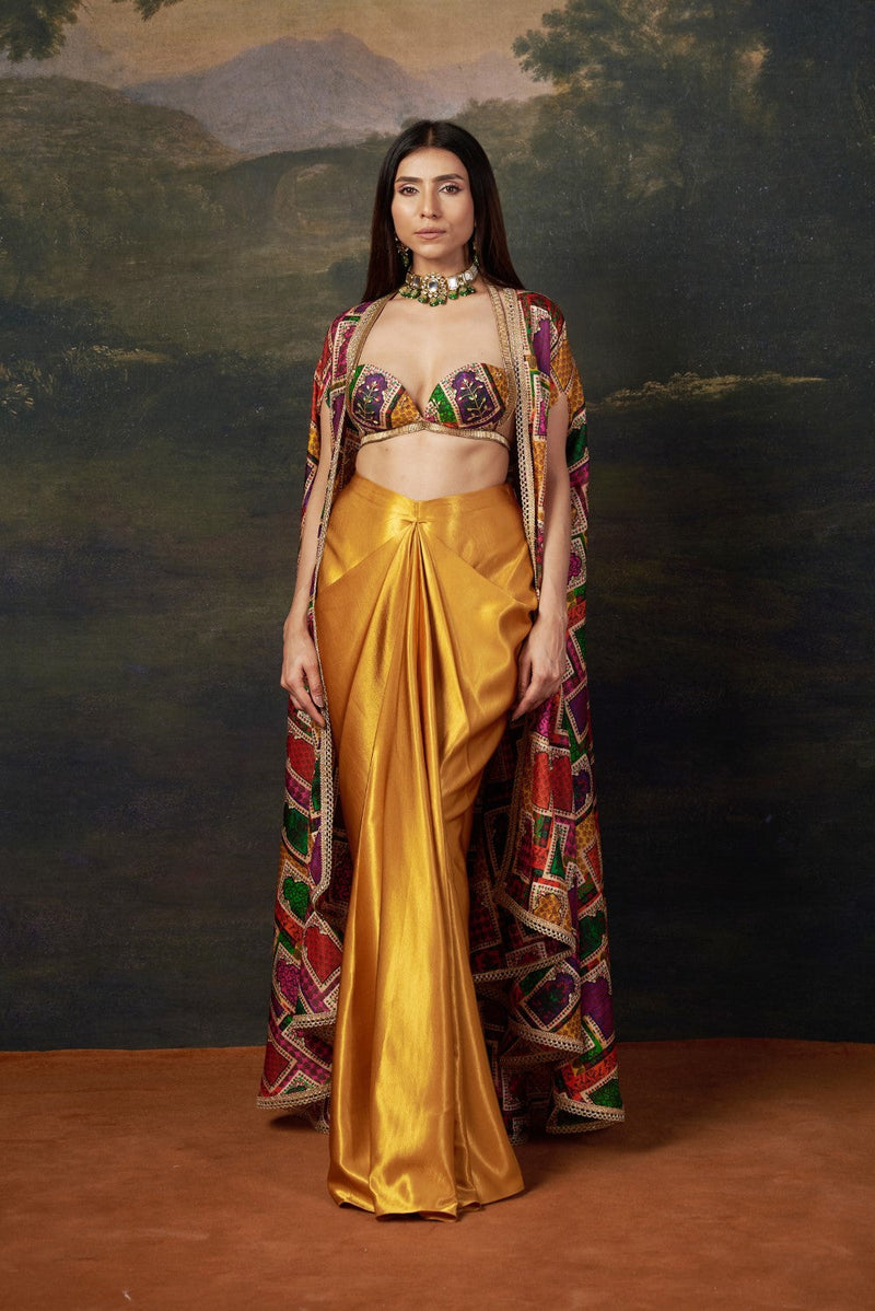 Bold Bralette Blouse with Embellished Handwork, Cape & Dhoti