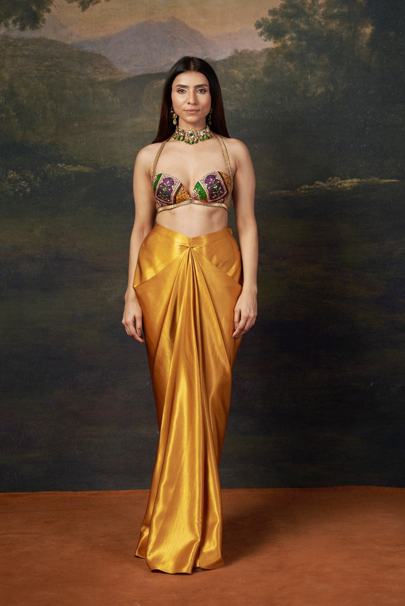 Bold Bralette Blouse with Embellished Handwork, Cape & Dhoti