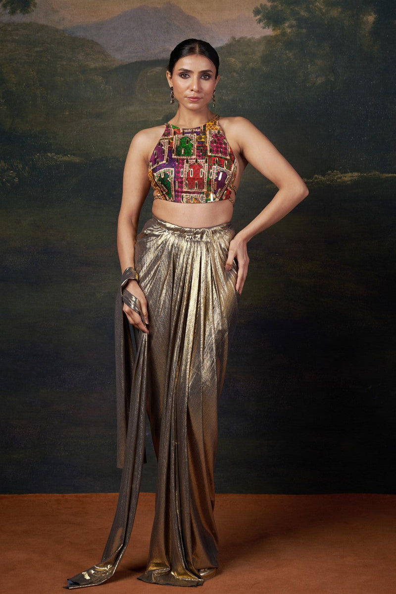 Backless Halter Neck Hand-Embroidered Blouse with Draped Dhoti