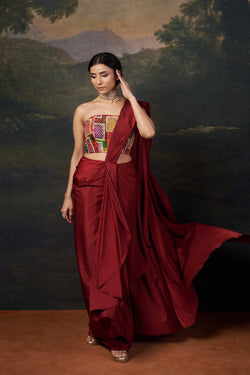 Stylish Strapless Hand-Embroidered Blouse with Pre-Draped Saree