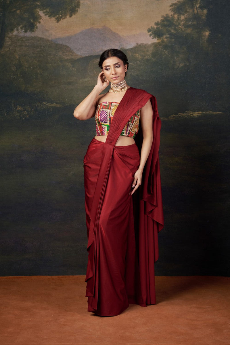Stylish Strapless Hand-Embroidered Blouse with Pre-Draped Saree