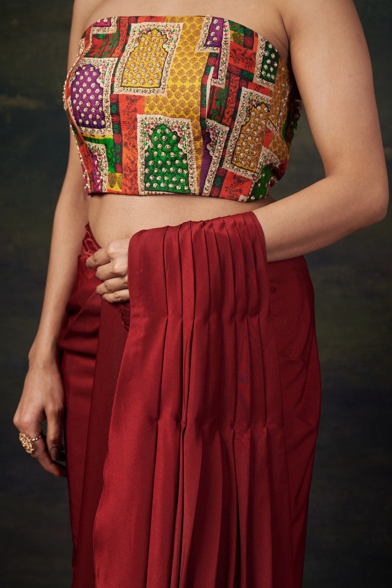 Stylish Strapless Hand-Embroidered Blouse with Pre-Draped Saree